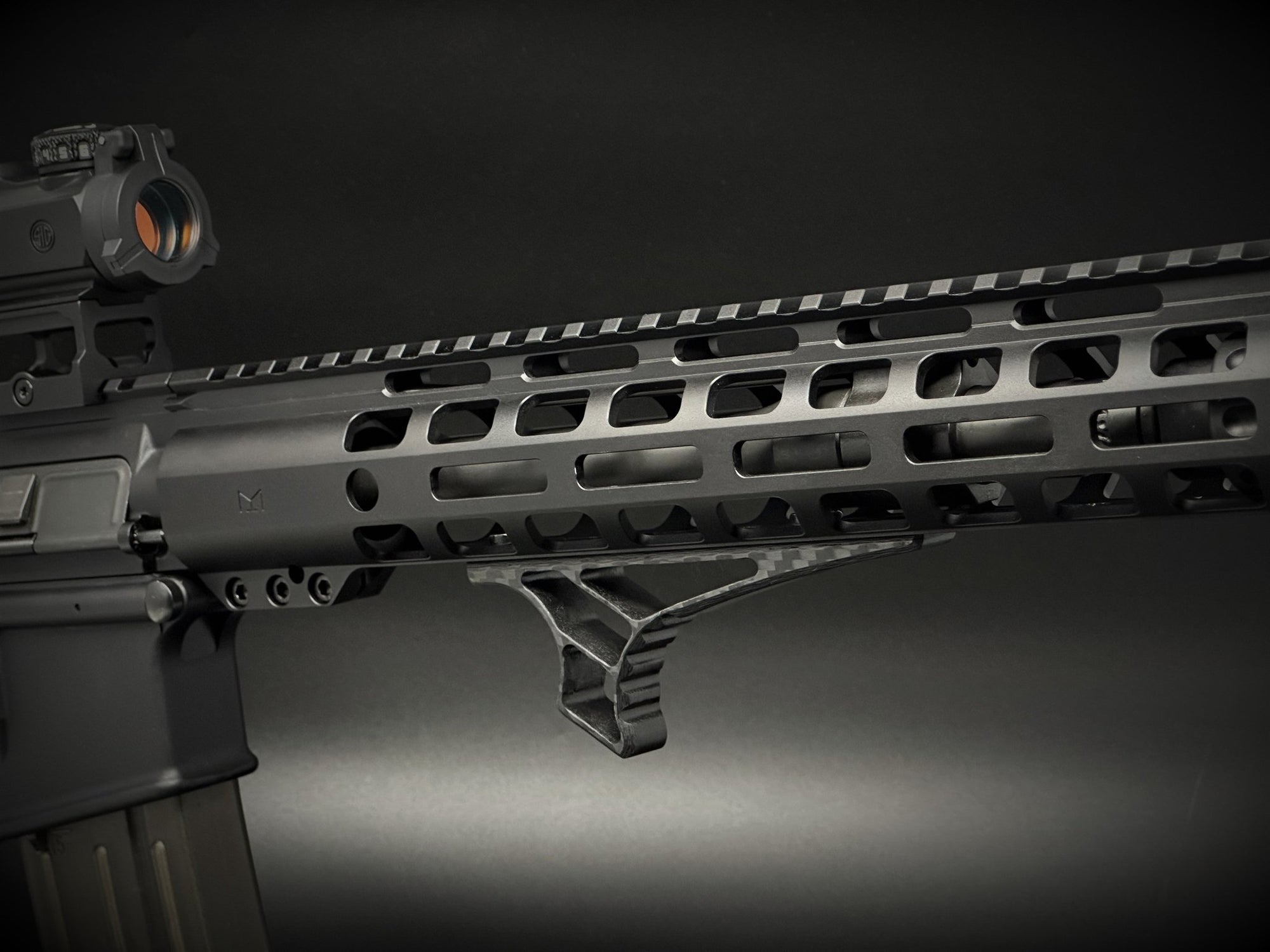 carbon fiber m-lok angled handstop low profile installed on ar handguard upright 