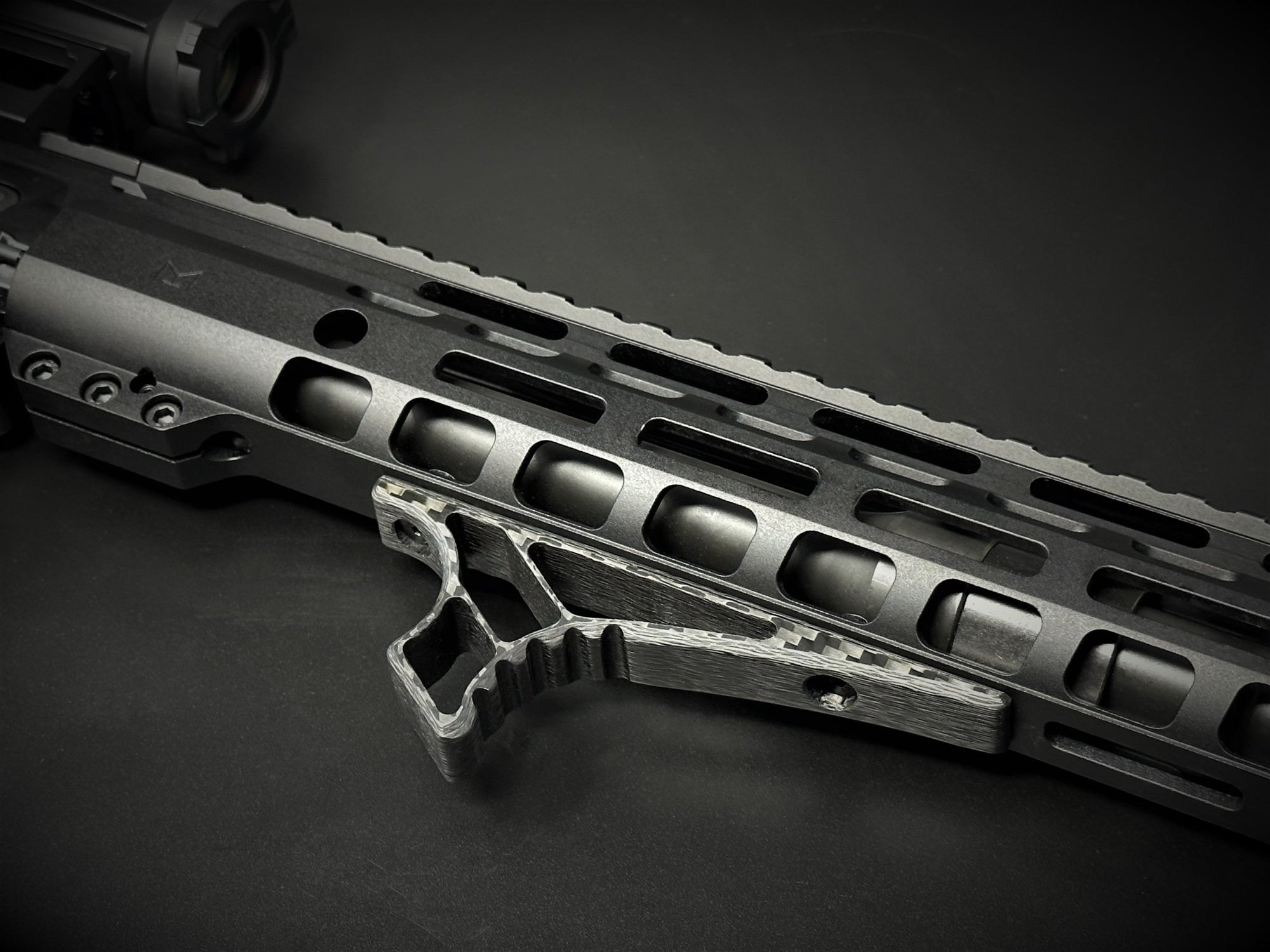 carbon fiber m-lok angled handstop low profile installed on ar handguard